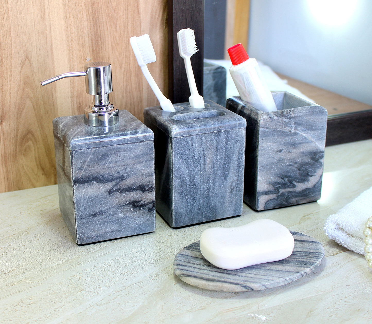 KLEO - Bathroom Accessory Set made from Natural Stone - Bath Accessories set of 4 includes Soap Dispenser, Toothbrush Holder, Tumbler and Soap Dish (Green, Grey)