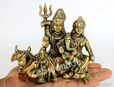 StonKraft 6-inch Brass Shiv Parivar Shiva Parvati Ganesh Family Murti Idol Statue Sculpture, 4.5-inch (Golden)