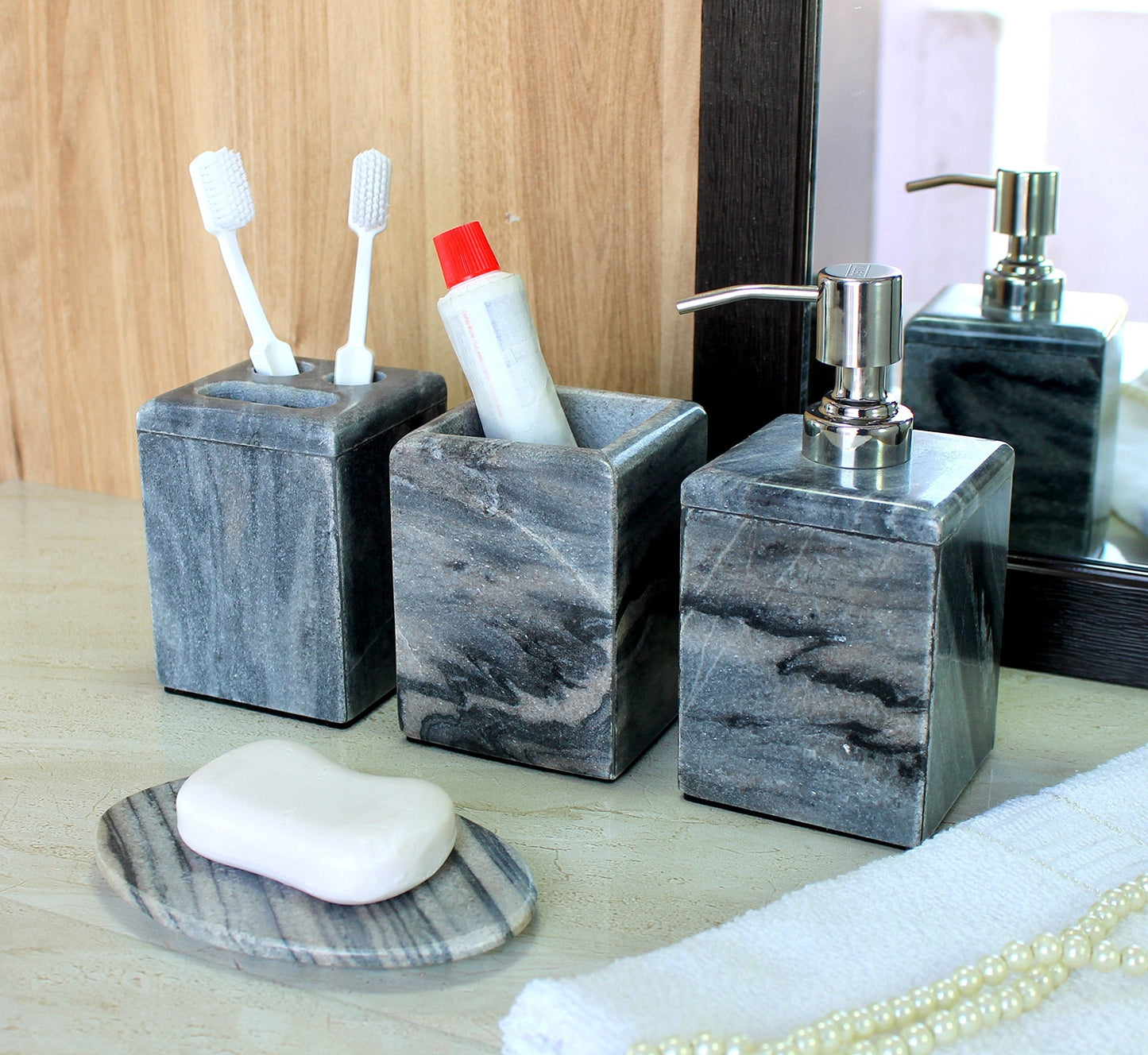 KLEO - Bathroom Accessory Set made from Natural Stone - Bath Accessories set of 4 includes Soap Dispenser, Toothbrush Holder, Tumbler and Soap Dish (Green, Grey)