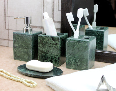 KLEO - Bathroom Accessory Set made from Natural Stone - Bath Accessories set of 4 includes Soap Dispenser, Toothbrush Holder, Tumbler and Soap Dish (Green, Grey)