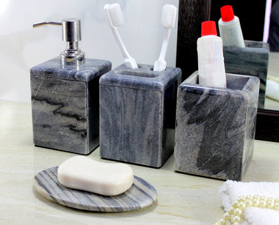KLEO - Bathroom Accessory Set made from Natural Stone - Bath Accessories set of 4 includes Soap Dispenser, Toothbrush Holder, Tumbler and Soap Dish (Green, Grey)