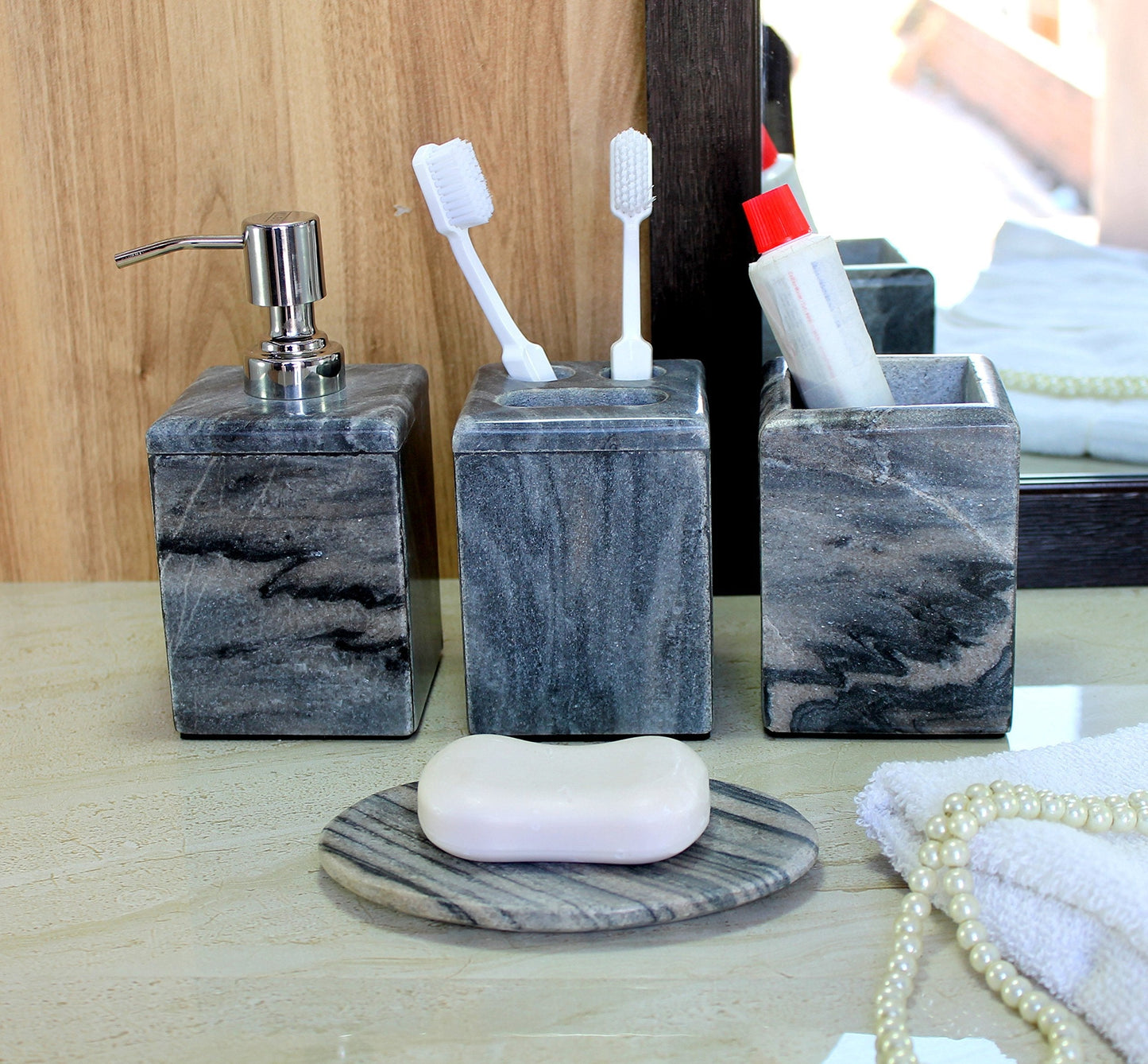 KLEO - Bathroom Accessory Set made from Natural Stone - Bath Accessories set of 4 includes Soap Dispenser, Toothbrush Holder, Tumbler and Soap Dish (Green, Grey)