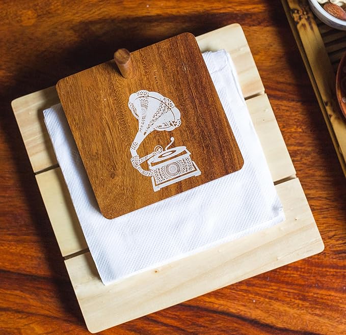 Esplanade Wooden Napkin Holder – Gramophone Print Tissue Holder - Smart Napkin Holder - Antique Handcrafted Decorative Wooden Holder - Tissue Paper Holder for Table Office and Home