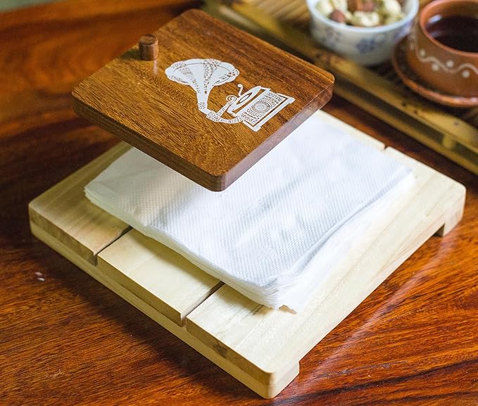 Esplanade Wooden Napkin Holder – Gramophone Print Tissue Holder - Smart Napkin Holder - Antique Handcrafted Decorative Wooden Holder - Tissue Paper Holder for Table Office and Home