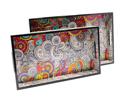 ESPLANADE Wooden Serving Trays - Set of 2 - Home Office Dining Table Multipurpose Serveware - 16" x 10" Inches - Black-Yellow