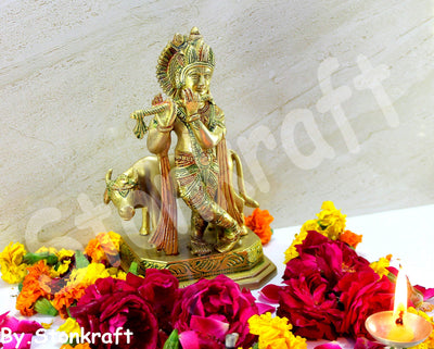 StonKraft - Lord Krishna Kishan Kanha with Kamdhenu Cow Murti Idol Statue Sculpture - Brass - 8" & 9" - Multicolor