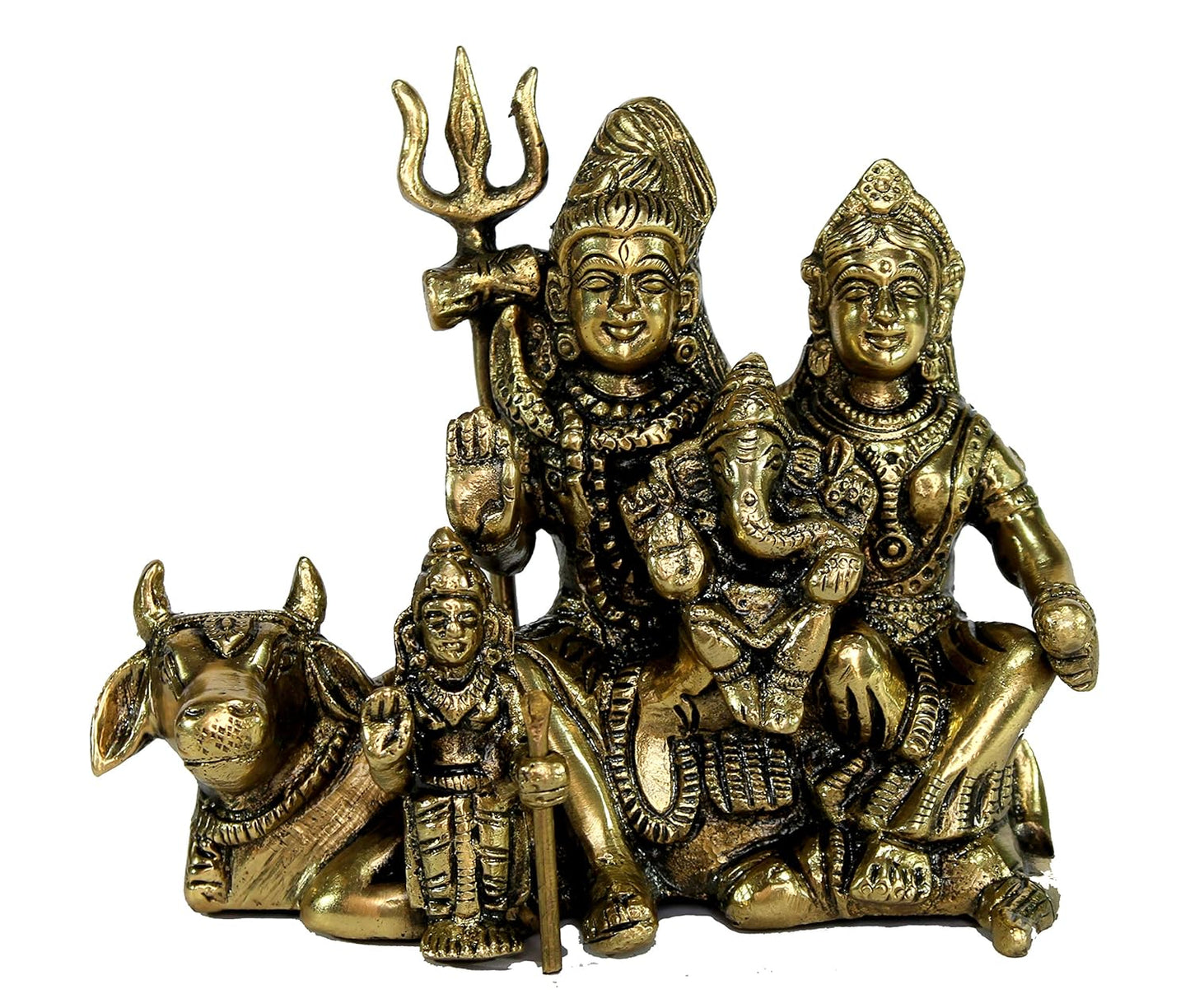 StonKraft 6-inch Brass Shiv Parivar Shiva Parvati Ganesh Family Murti Idol Statue Sculpture, 4.5-inch (Golden)