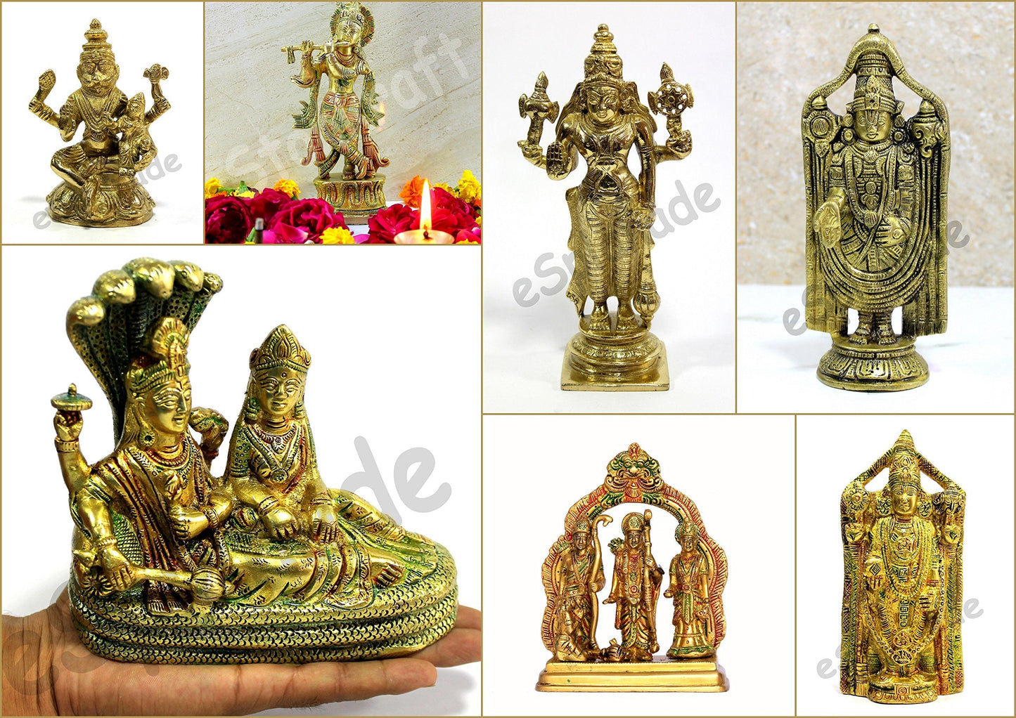 eSplanade Brass Lord Vishnu Laxmi in Ksheer Sagar - Lakshmi Narayan - Murti Idol Statue Sculpture - Golden - 3.1" Inches