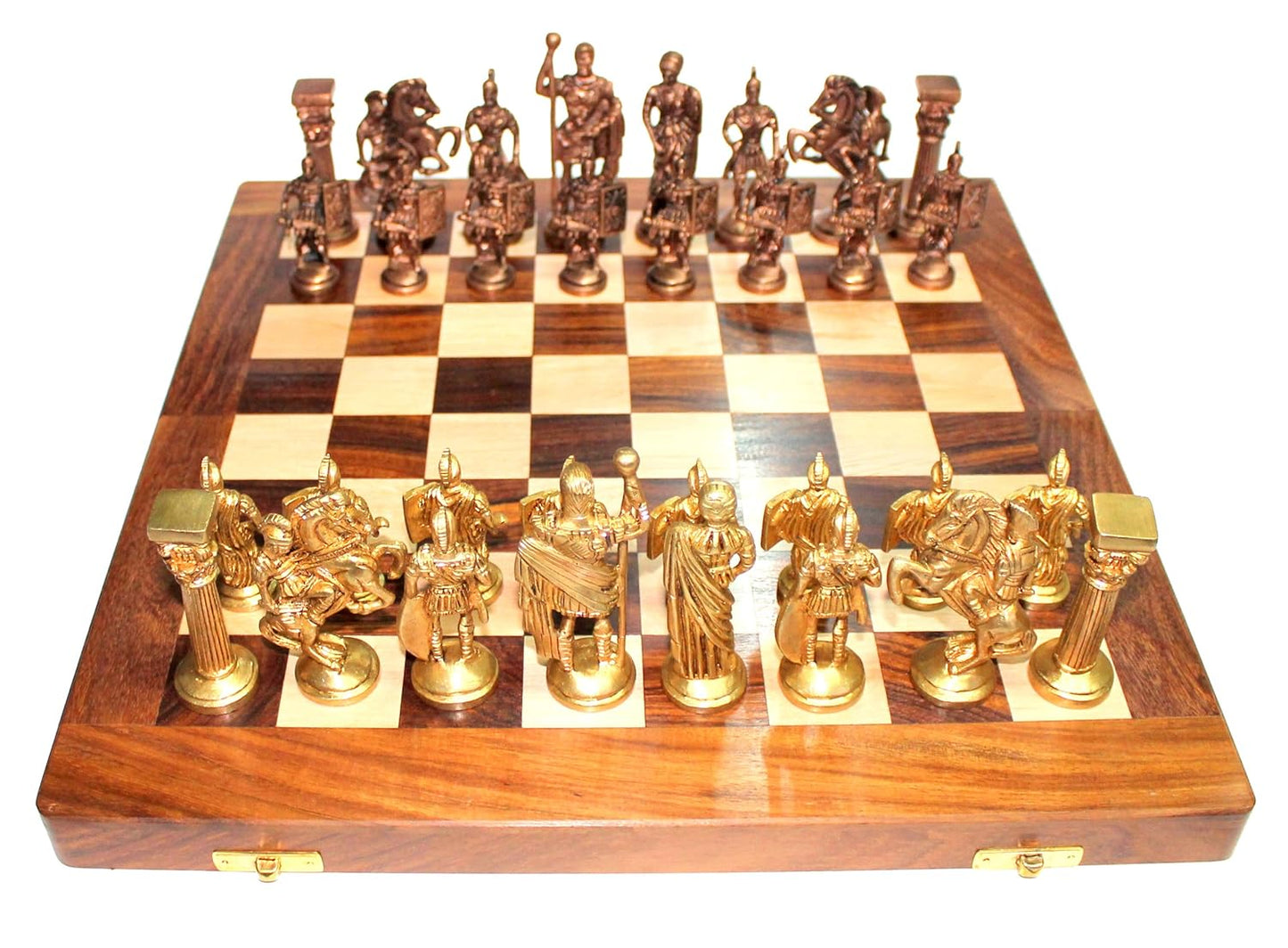 StonKraft 14" X 14" Collectible Wooden Folding Chess Game Board Set+ Brass Roman Figure Pieces