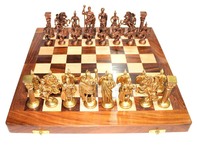StonKraft 14" X 14" Collectible Wooden Folding Chess Game Board Set+ Brass Roman Figure Pieces
