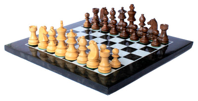 StonKraft 12"x12" Black Marble Chess Board with Wooden Chess Pieces Set,for all ages