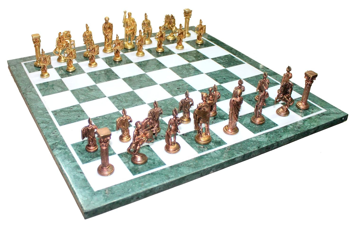 StonKraft 20" X 20" Collectible Green Marble Chess Game Board Set Roman Figure Brass Crafted Pieces Chessmen Coins