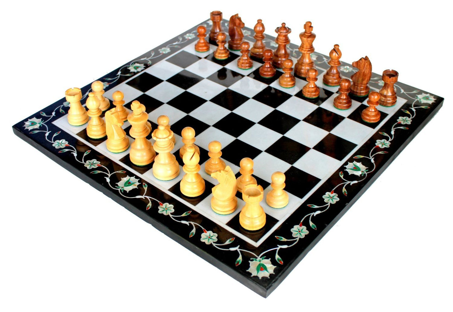 StonKraft 12"x12" Collectible Marble Pietra Dura Chess Board Game Set + Wood Carved Piece,for all ages