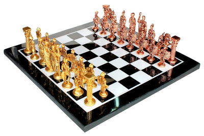 StonKraft 15" x 15" Collectible Black Marble Chess Board Game Set + Brass Roman Pieces
