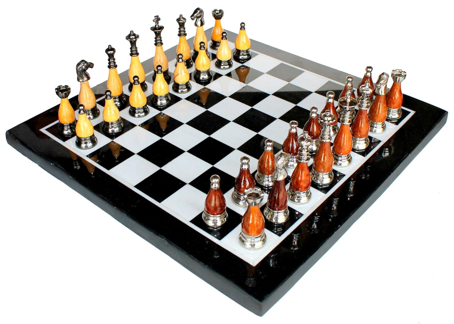 StonKraft 15" x 15" Collectible Black Marble Chess Board Game Set + Brass Wooden Pieces