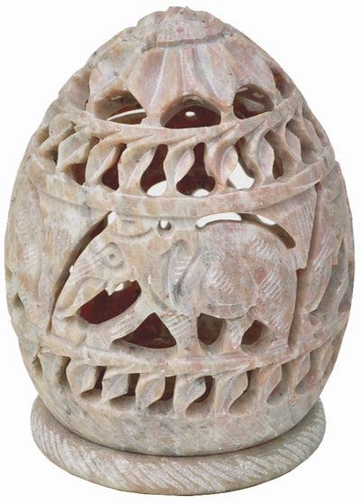 Soapstone Candle / Tealight / Votive Holder Sculpture with Elephant Figures and Tendrils Carved on the Side and a Rosette on the Top [Small - Appx. 3 X 2.5 Inches ]
