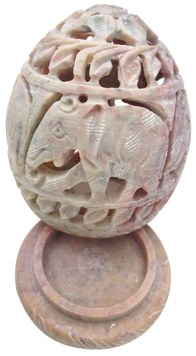 Soapstone Candle / Tealight / Votive Holder Sculpture with Elephant Figures and Tendrils Carved on the Side and a Rosette on the Top [Small - Appx. 3 X 2.5 Inches ]