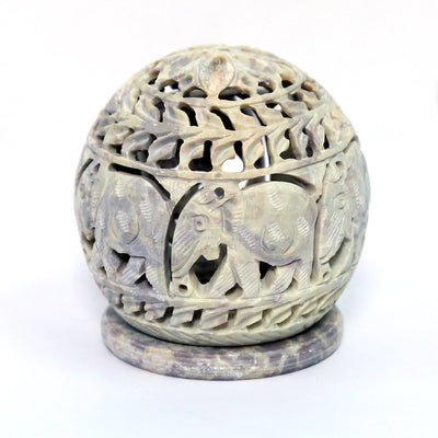 Jamun 4 Inch Assorted Soapstone Sculpture Votive / Candle / Tealight Holder - Floral / Elephant Decorative Tea Light