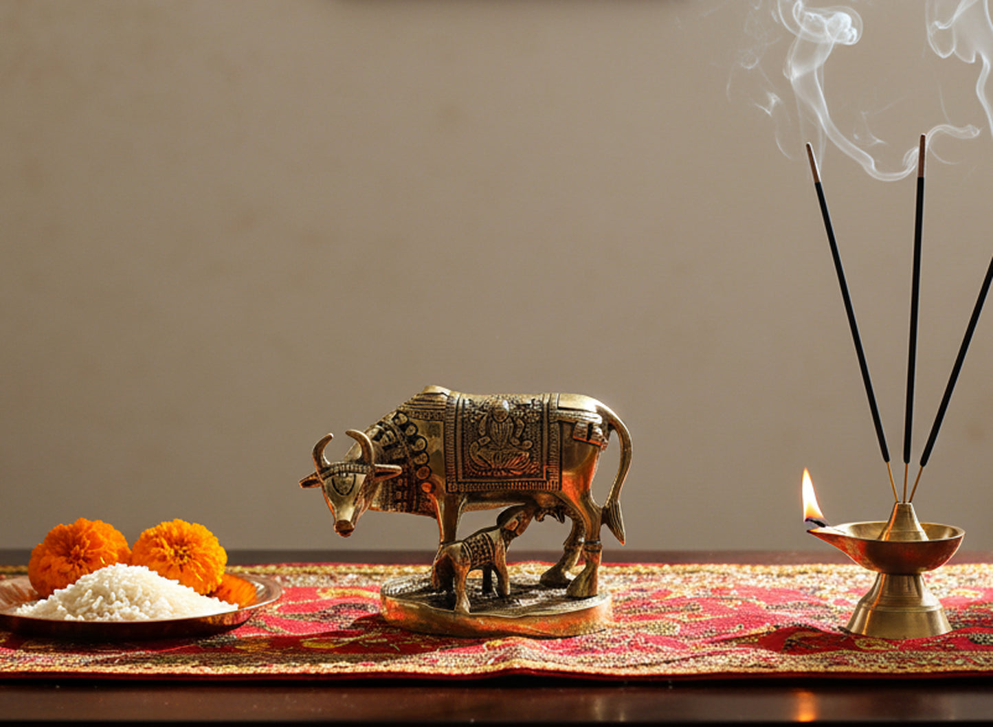 eSplanade Brass Holy Kamdhenu Kamadhenu Cow and Calf Sculpture - Lucky Figurine Idol Statue Sculpture- 6",5.5", 2.75"