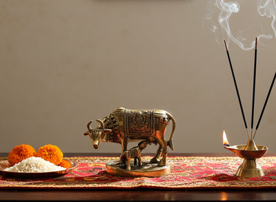 eSplanade Brass Holy Kamdhenu Kamadhenu Cow and Calf Sculpture - Lucky Figurine Idol Statue Sculpture- 6",5.5", 2.75"