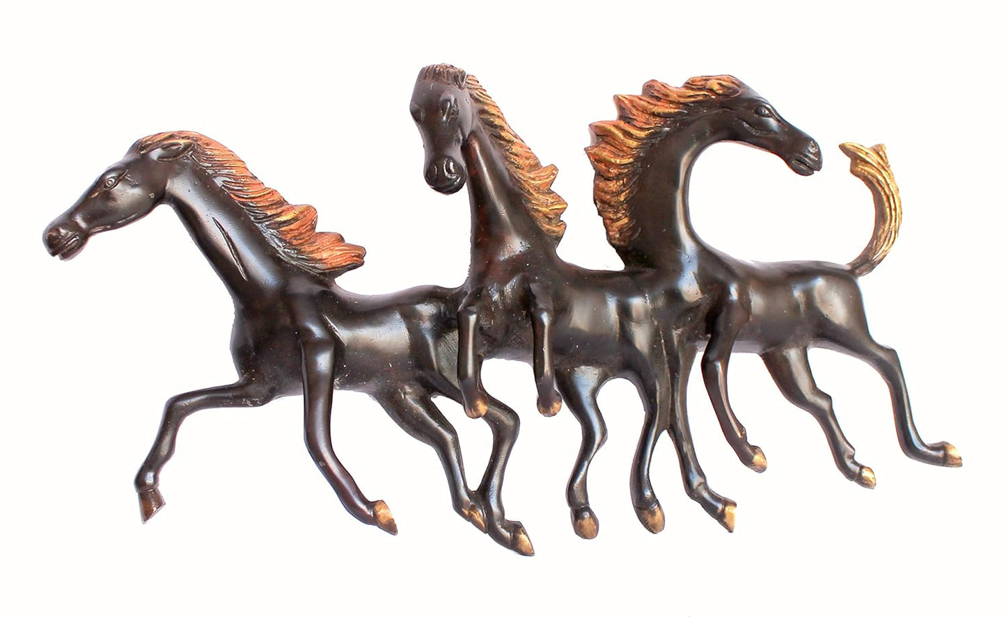 StonKraft Brass Three Running Horses Sculpture Statue Wall Hanging Showpiece Figurine Sculpture - Home Decor | Brown - 16.5" Inches (Large)