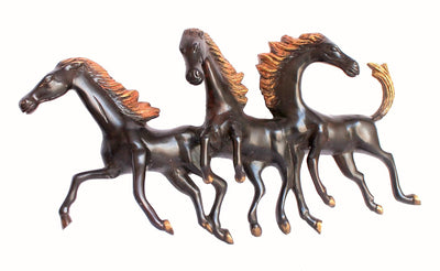 StonKraft Brass Three Running Horses Sculpture Statue Wall Hanging Showpiece Figurine Sculpture - Home Decor | Brown - 16.5" Inches (Large)