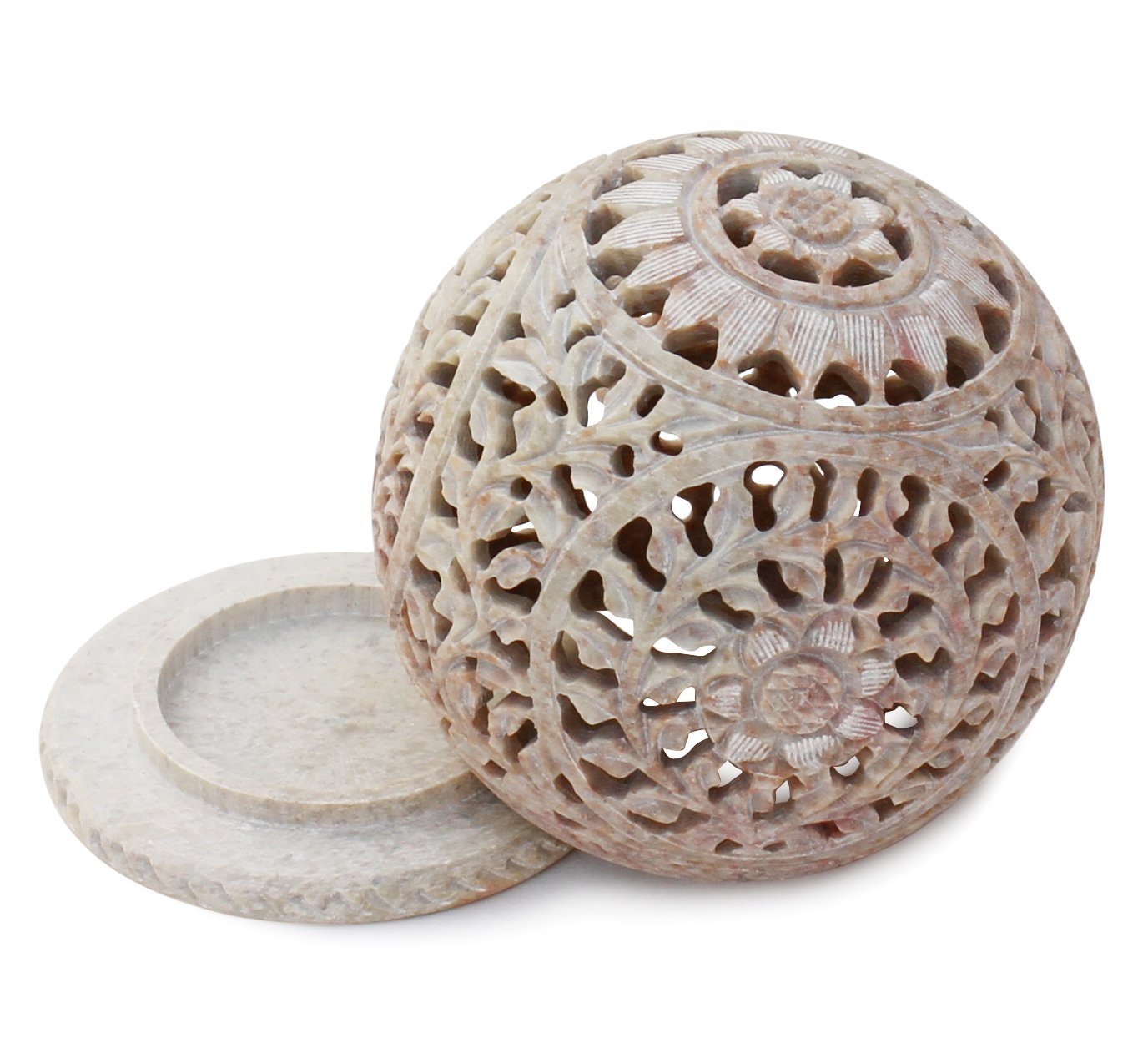 BKRAFT4U Unique Hand Carved Tealight Holder Sphere Shaped Soapstone with Intricate Tendril Openwork Floral Decorative Lantern.