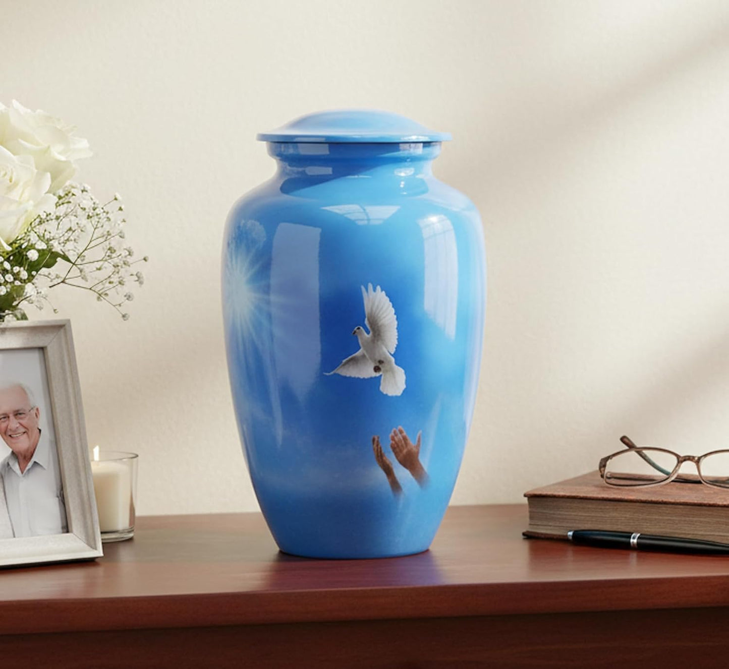 eSplanade Metal Cremation Urn Memorial Jar Pot Container | Full Size Urn for Funeral Ashes Burial | Falcon Printed Urn , Seagull Printed Urn ,White Pigeon Print   | Blue - 10" Inches