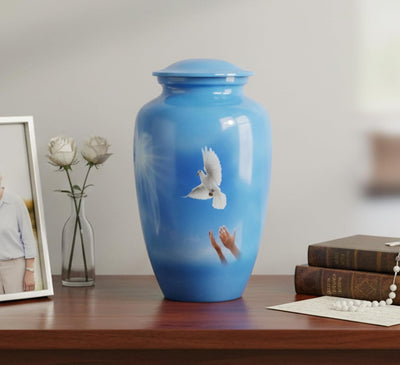 eSplanade Metal Cremation Urn Memorial Jar Pot Container | Full Size Urn for Funeral Ashes Burial | Falcon Printed Urn , Seagull Printed Urn ,White Pigeon Print   | Blue - 10" Inches