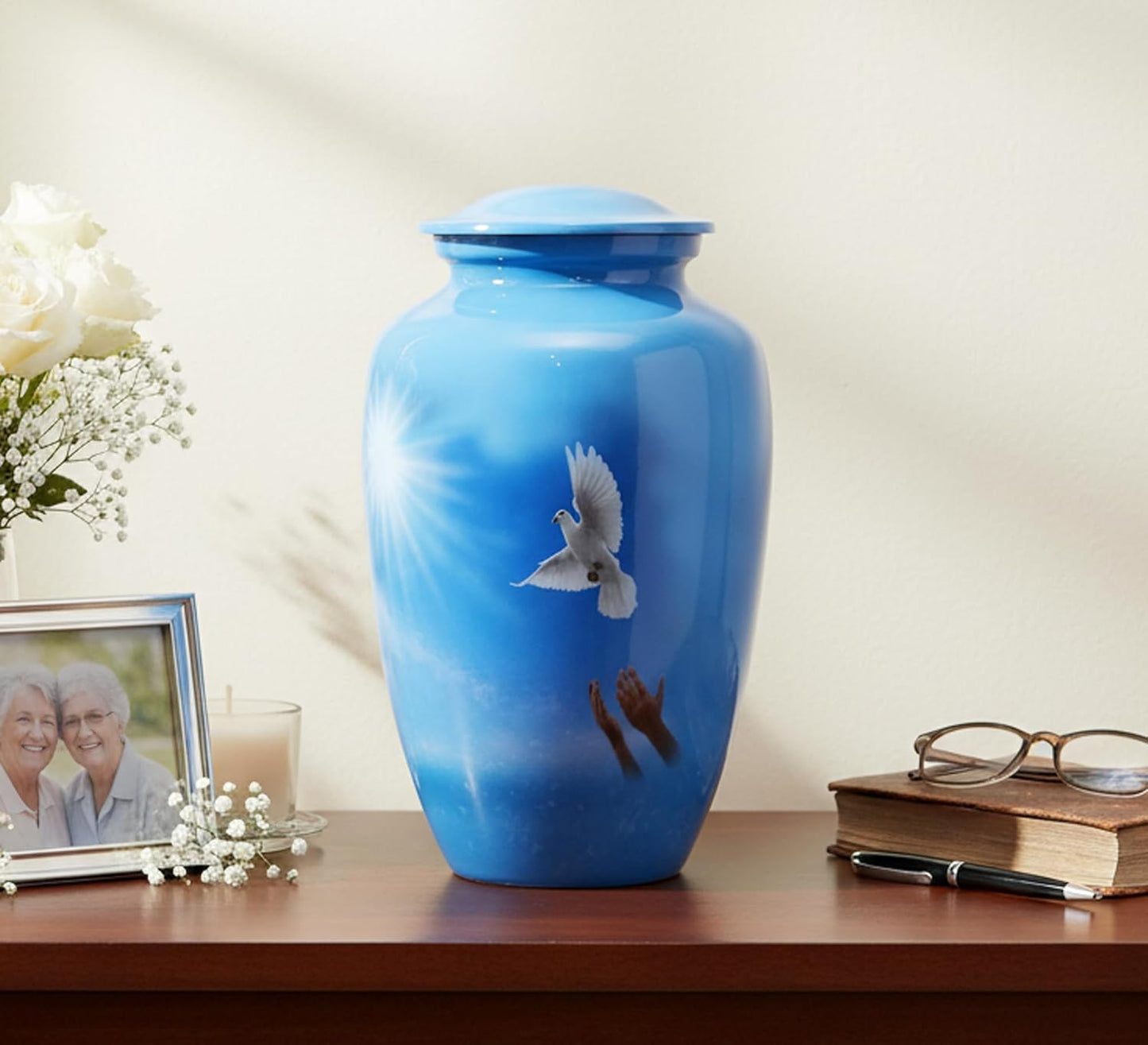 eSplanade Metal Cremation Urn Memorial Jar Pot Container | Full Size Urn for Funeral Ashes Burial | Falcon Printed Urn , Seagull Printed Urn ,White Pigeon Print   | Blue - 10" Inches