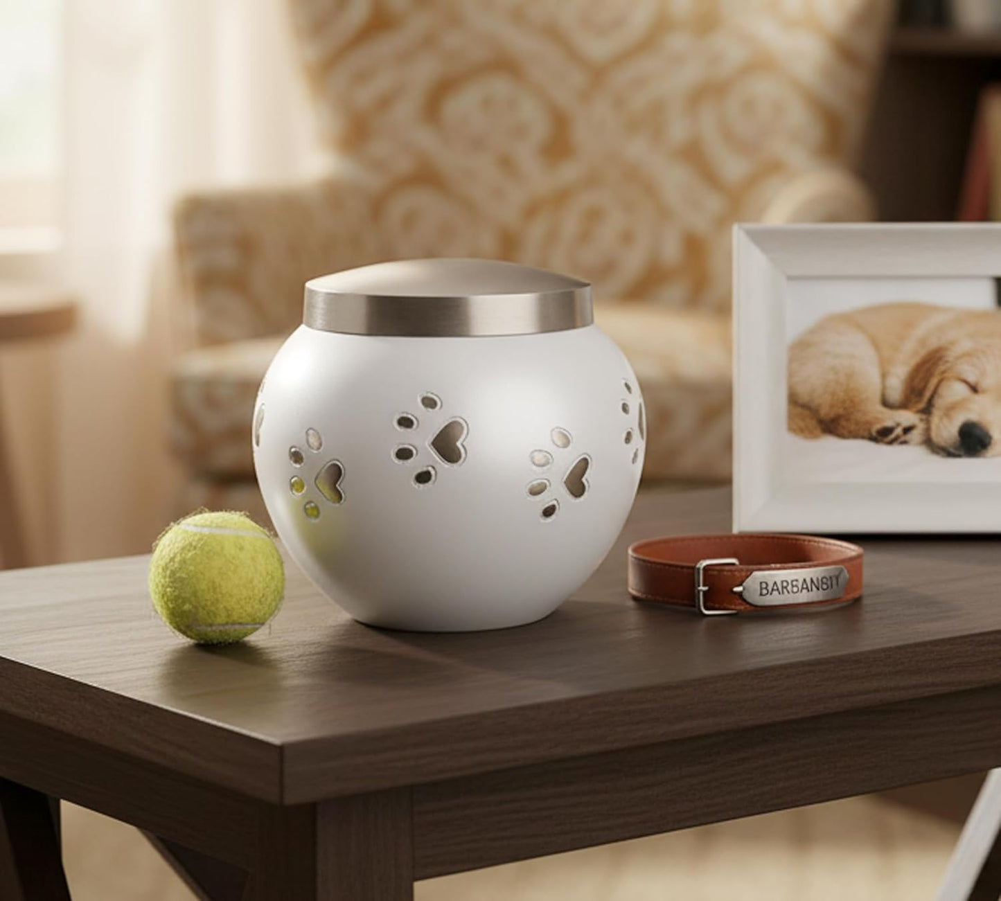 eSplanade Metal Cremation Urn Memorial Jar Pot Container |Standard Size Urn for Funeral Ashes Burial | Round Shape Paws Engraved Metal Urn | White - 4.5" Inches