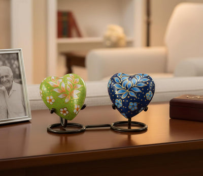 eSplanade Metal Mini Cremation Urn Heart-shaped Keepsake Memorial Jar Pot Container | Small Urn for Funeral Ashes Burial | Wave Textured Metal Keepsake with Stand | Multicolor