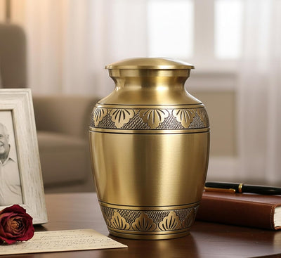 eSplanade Brass Cremation Urn Memorial Jar Pot Container | Medium Size Urn for Funeral Ashes Burial | Engraved Metal Urn | Multicolor- 6" Inches