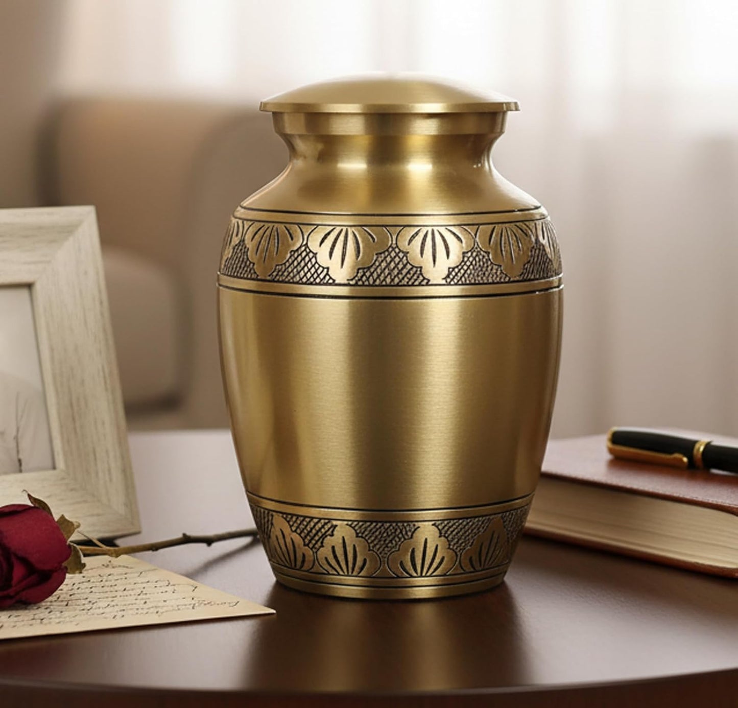 eSplanade Brass Cremation Urn Memorial Jar Pot Container | Medium Size Urn for Funeral Ashes Burial | Engraved Metal Urn | Multicolor- 6" Inches