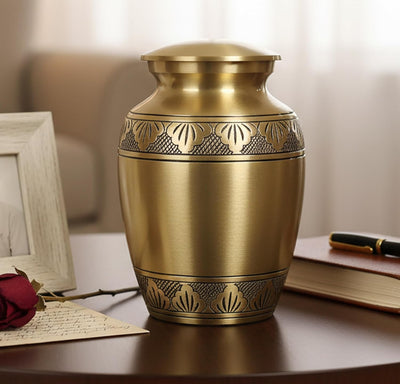 eSplanade Brass Cremation Urn Memorial Jar Pot Container | Medium Size Urn for Funeral Ashes Burial | Engraved Metal Urn | Multicolor- 6" Inches