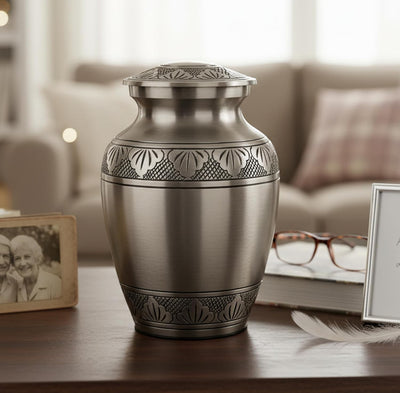 eSplanade Brass Cremation Urn Memorial Jar Pot Container | Medium Size Urn for Funeral Ashes Burial | Engraved Metal Urn | Multicolor- 6" Inches