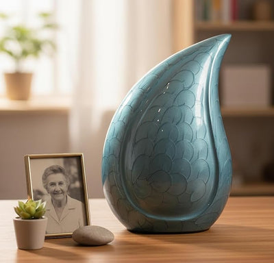 eSplanade Metal Cremation Urn Memorial Jar Pot Container | Full Size Embossed Urn for Ashes Funeral Burial | Teardrop Metal Urns | Dark Blue, Sky blue, Violet - 10" Inches