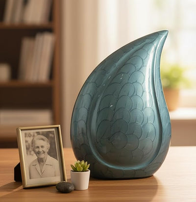 eSplanade Metal Cremation Urn Memorial Jar Pot Container | Full Size Embossed Urn for Ashes Funeral Burial | Teardrop Metal Urns | Dark Blue, Sky blue, Violet - 10" Inches