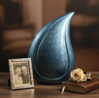 eSplanade Metal Cremation Urn Memorial Jar Pot Container | Full Size Embossed Urn for Ashes Funeral Burial | Teardrop Metal Urns | Dark Blue, Sky blue, Violet - 10" Inches