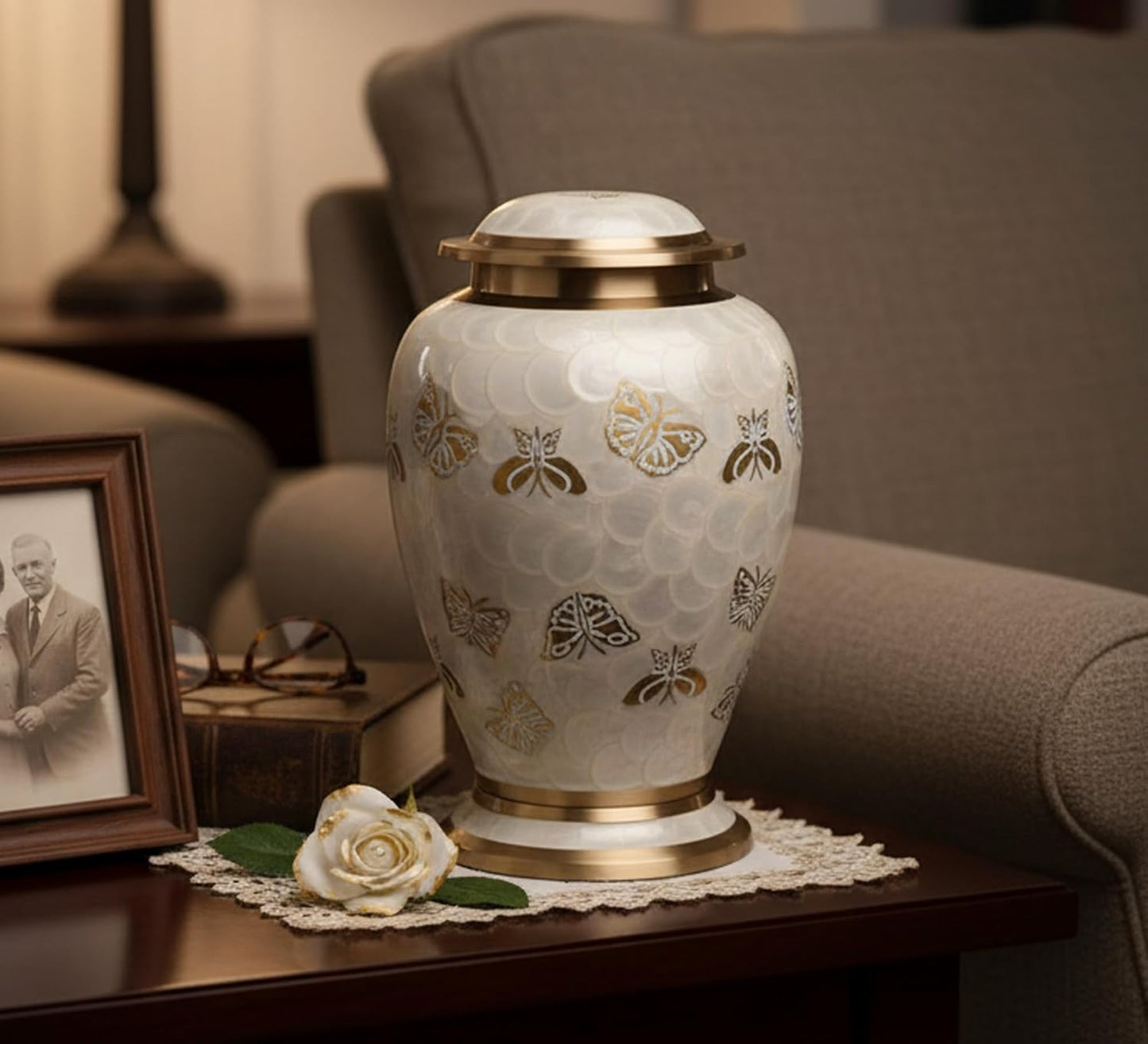 eSplanade White Brass Cremation Urn Memorials Container Jar Pot | Brass Urns | Metal Urn | Burial Urn | Memorial Urn (Full Size Butterfly)