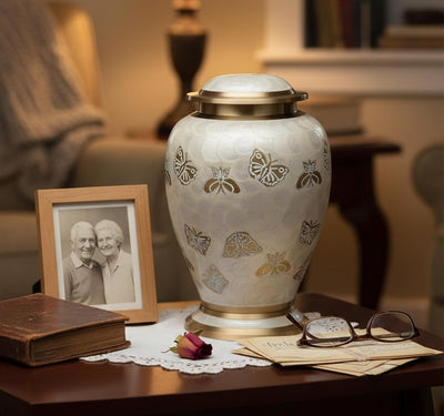eSplanade White Brass Cremation Urn Memorials Container Jar Pot | Brass Urns | Metal Urn | Burial Urn | Memorial Urn (Full Size Butterfly)