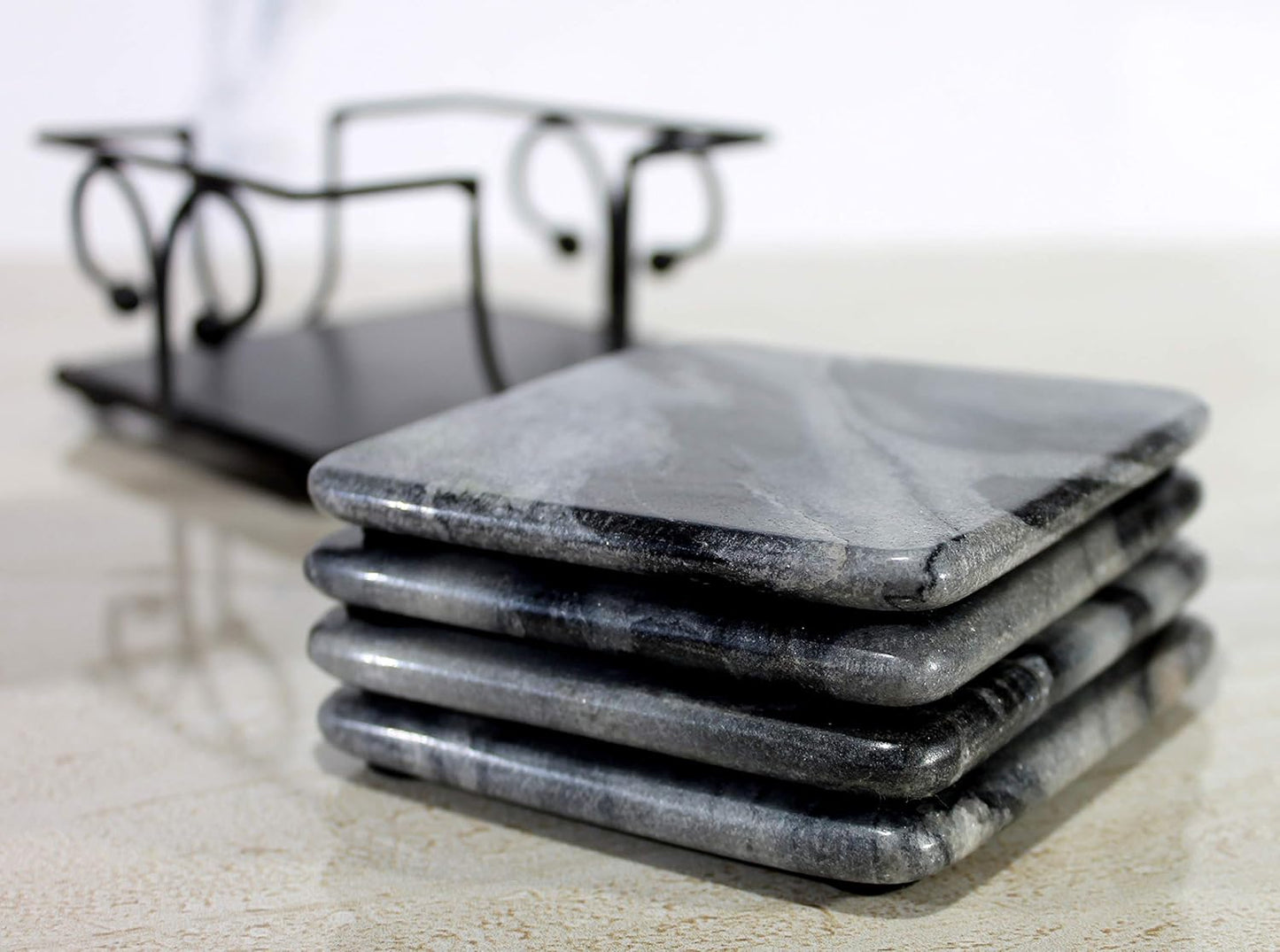 KLEO Stone Coasters Coaster Set Coasters with Wrought Iron Holder (Square) (Grey Colour)