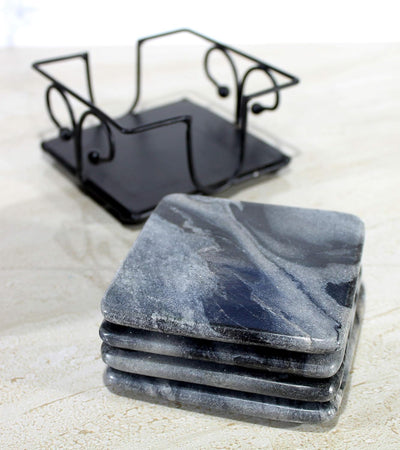 KLEO Stone Coasters Coaster Set Coasters with Wrought Iron Holder (Square) (Grey Colour)