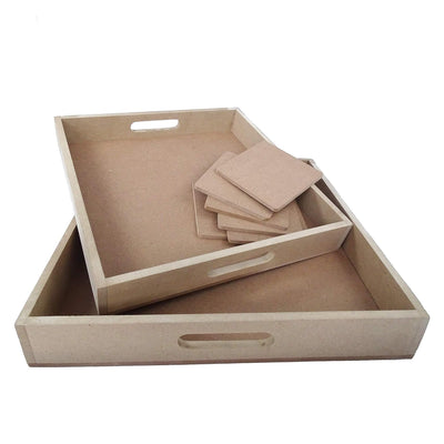 IVEI DIY 2 MDF Trays and 6 MDF Coasters Set -MDF Plain Wooden Coasters Square Shaped Blank Cutouts & Trays for Painting Wood Sheet Craft, Decoupage, Resin Art Work & Decoration