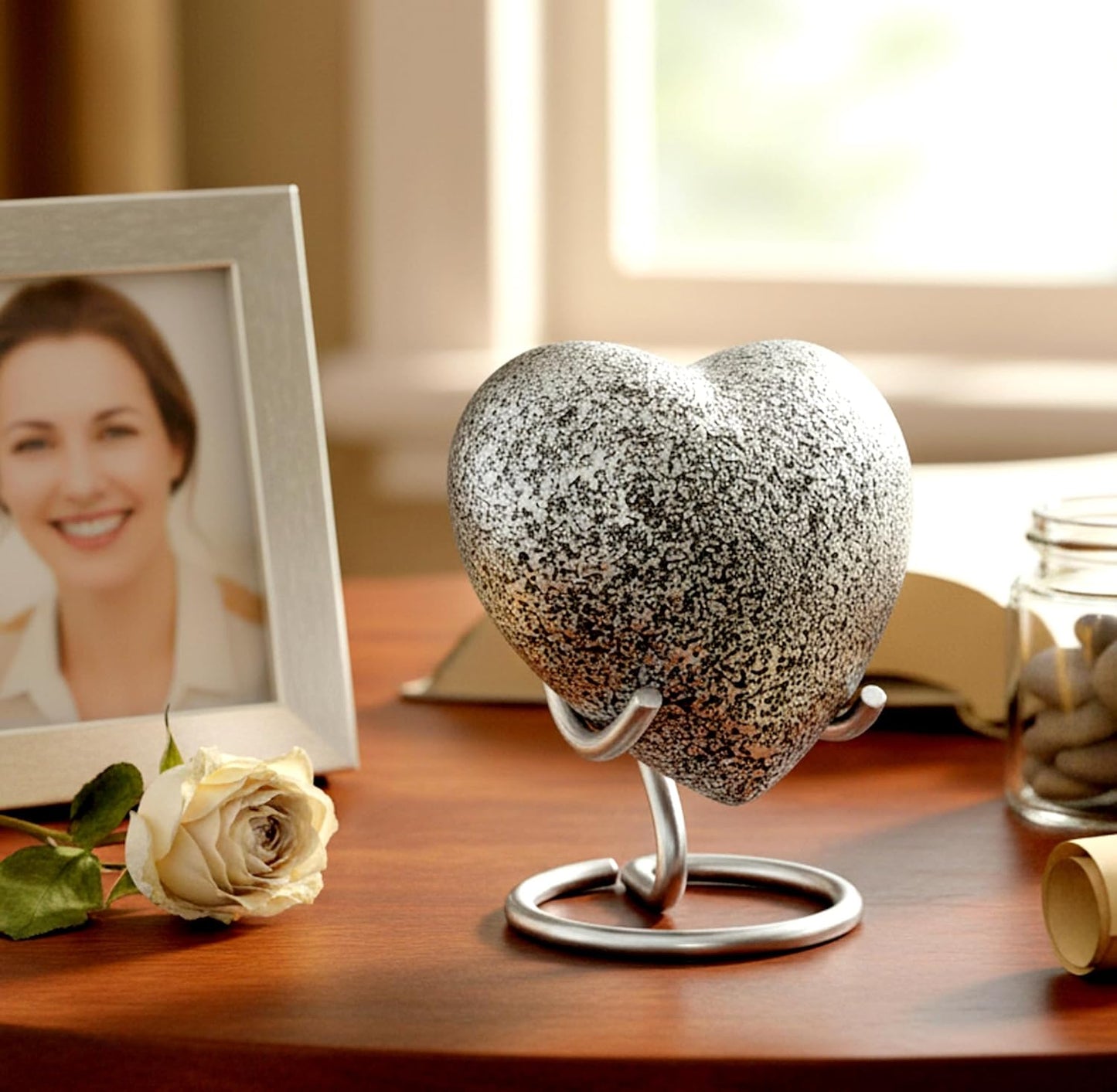 eSplanade Metal Mini Cremation Urn Heart-shaped Keepsake Memorial Jar Pot Container | Small Urn for Funeral Ashes Burial | Wave Textured Metal Keepsake with Stand | Multicolor