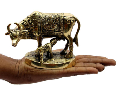 StonKraft Beautiful Lucky Figurine - Nandi Kamdhenu Cow and Calf Brass Sculpture Statue