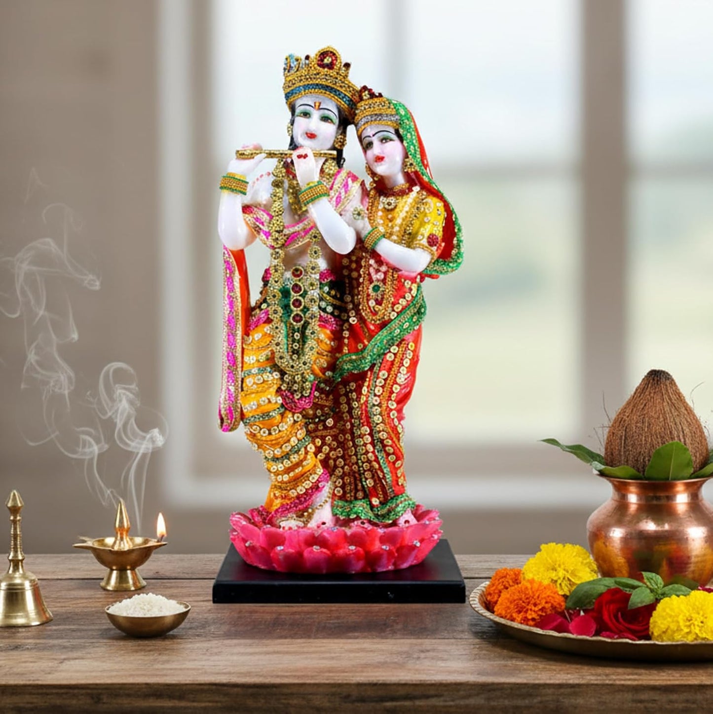 ESPLANADE Radha Krishna Kishan Standing on a Lotus Murti Idol Statue Sculpture - Resin - 16" Inches