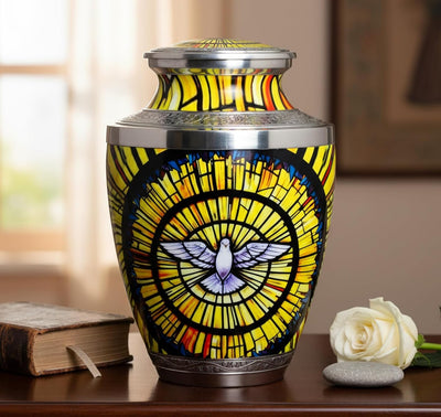 eSplanade Metal Cremation Urn Memorial Jar Pot Container | Full Size Urn for Funeral Ashes Burial | White Pigeon Print | Yellow-Multi - 10" Inches