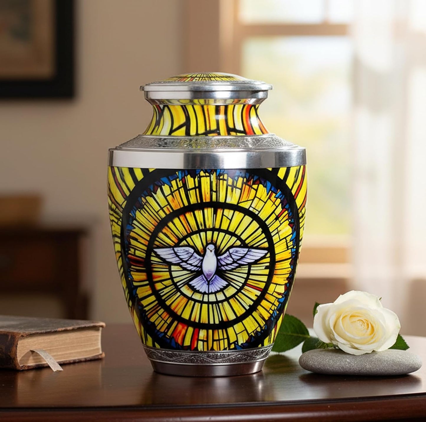 eSplanade Metal Cremation Urn Memorial Jar Pot Container | Full Size Urn for Funeral Ashes Burial | White Pigeon Print | Yellow-Multi - 10" Inches