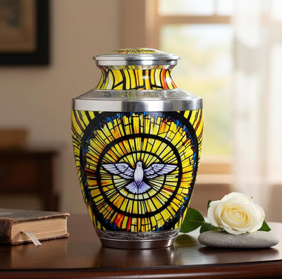 eSplanade Metal Cremation Urn Memorial Jar Pot Container | Full Size Urn for Funeral Ashes Burial | White Pigeon Print | Yellow-Multi - 10" Inches